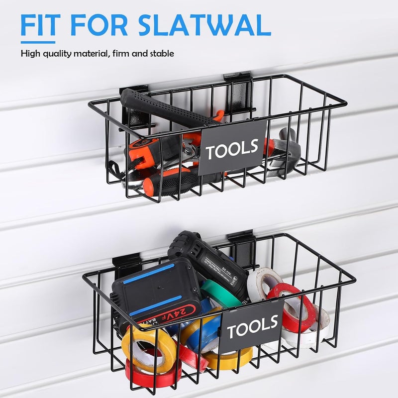 Maxcheck 4 Pcs Black Metal Slatwall Basket with Removable Tags Ventilated Slatwall Baskets Wall Mounted Storage Baskets Hanging Basket Organizer Slatwall Accessories for Shop Room Display Organizing - Image 2